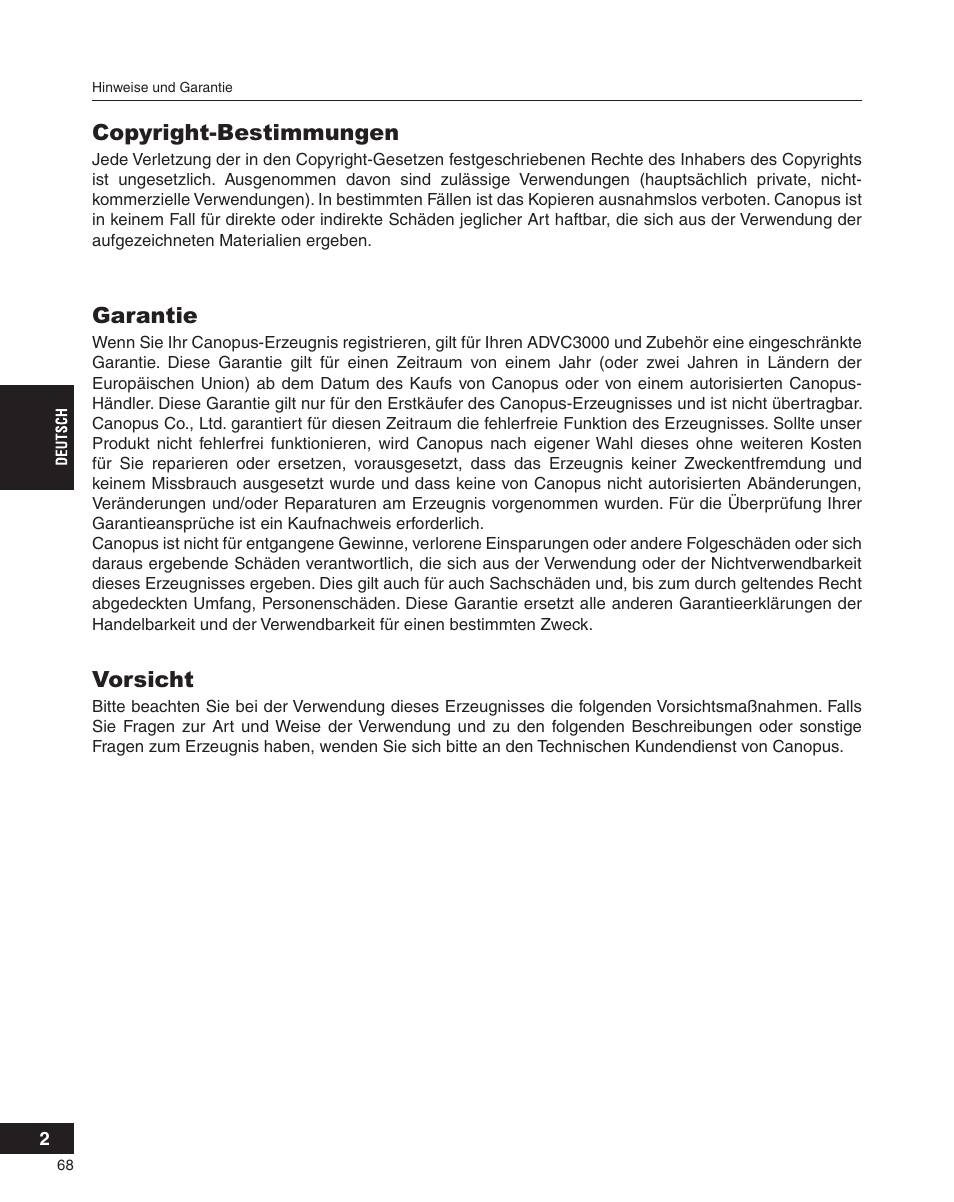 Copyright-bestimmungen, Garantie, Vorsicht | Grass Valley ADVC-3000 User Manual | Page 66 / 192