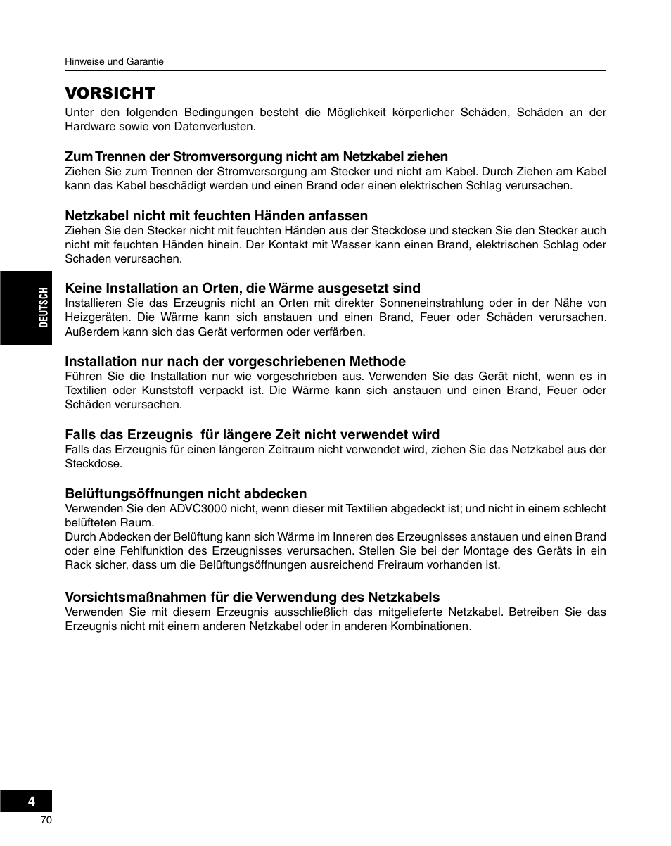 Vorsicht | Grass Valley ADVC-3000 User Manual | Page 68 / 192