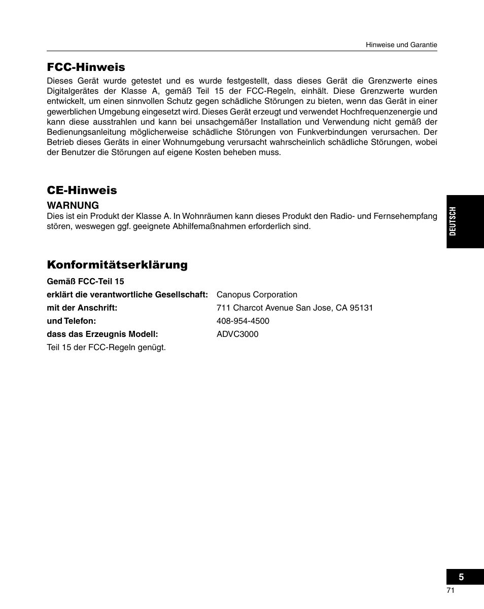 Fcc-hinweis, Ce-hinweis, Konformitätserklärung | Grass Valley ADVC-3000 User Manual | Page 69 / 192