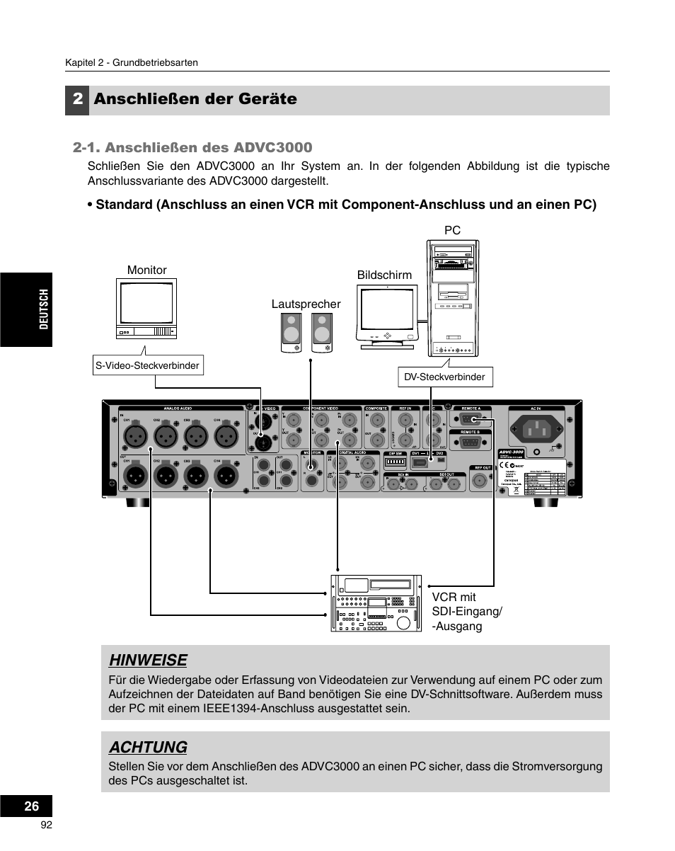 2anschließen der geräte, Hinweise, Achtung | Grass Valley ADVC-3000 User Manual | Page 90 / 192