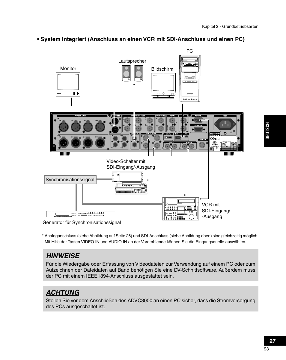 Hinweise, Achtung | Grass Valley ADVC-3000 User Manual | Page 91 / 192