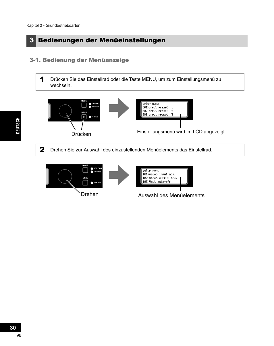 3bedienungen der menüeinstellungen | Grass Valley ADVC-3000 User Manual | Page 94 / 192