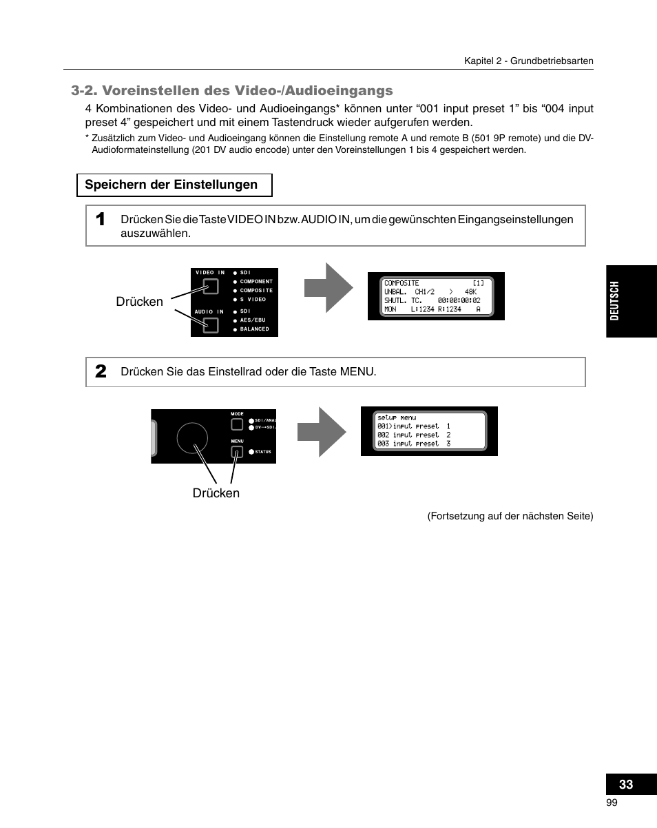 2. voreinstellen des video-/audioeingangs, Speichern der einstellungen, Drücken | Drücken sie das einstellrad oder die taste menu | Grass Valley ADVC-3000 User Manual | Page 97 / 192