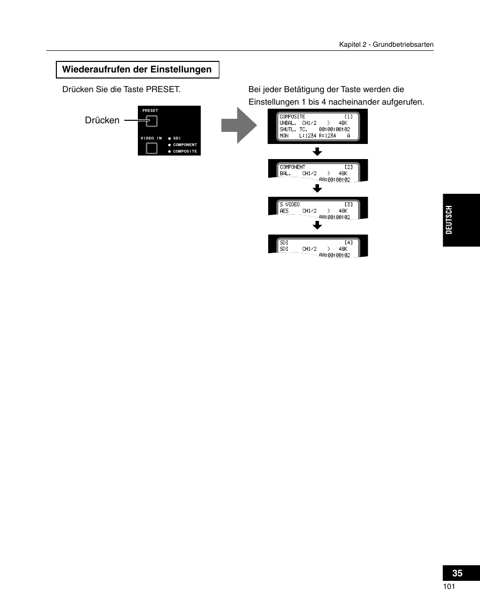 Wiederaufrufen der einstellungen, Drücken | Grass Valley ADVC-3000 User Manual | Page 99 / 192