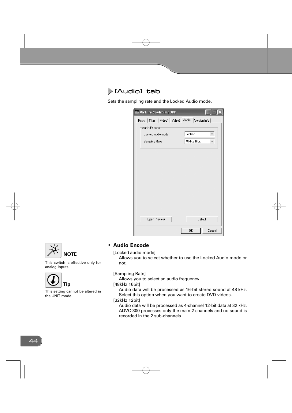 Audio] tab | Grass Valley ADVC-300 User Manual | Page 44 / 52