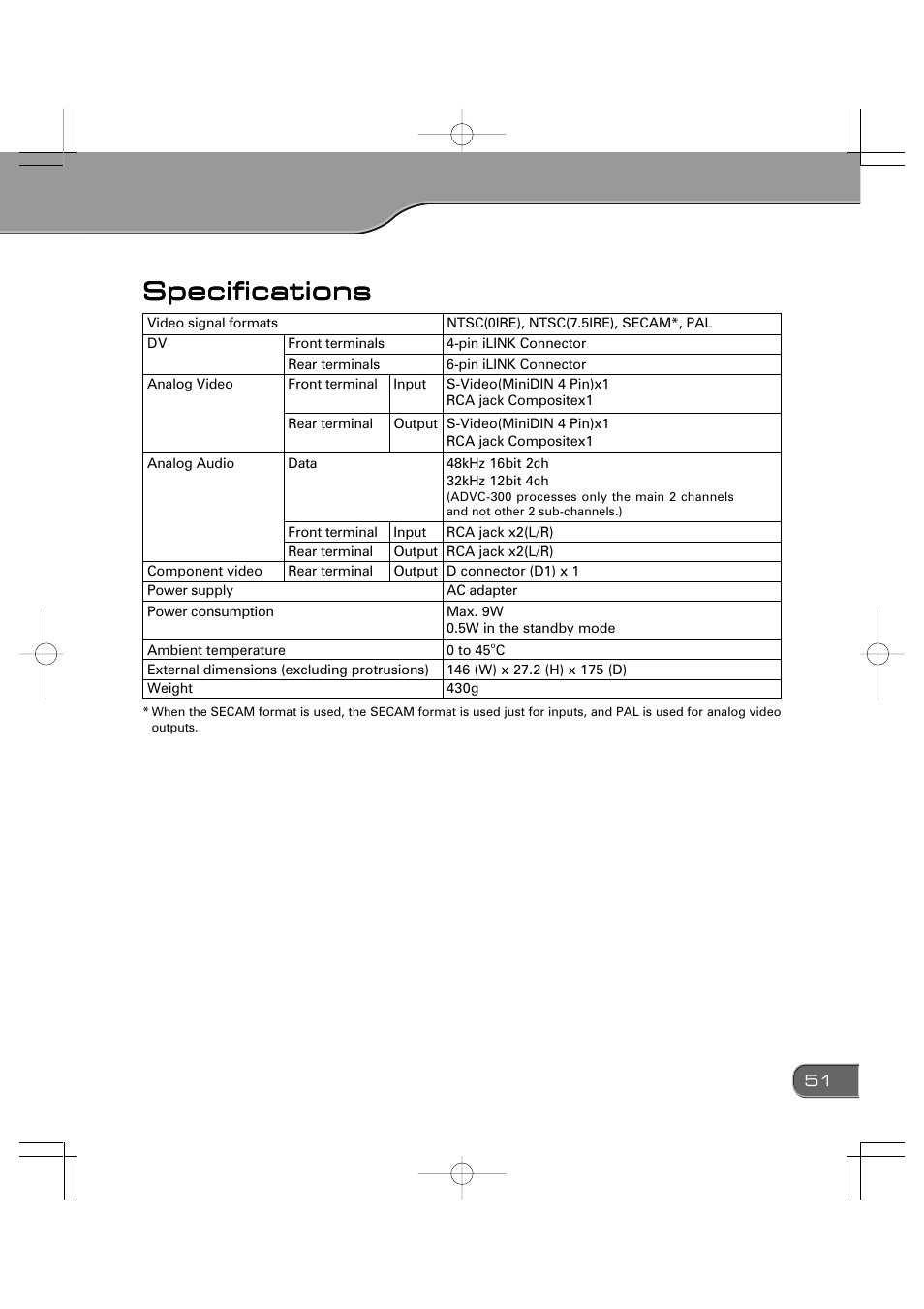 Specifications | Grass Valley ADVC-300 User Manual | Page 51 / 52