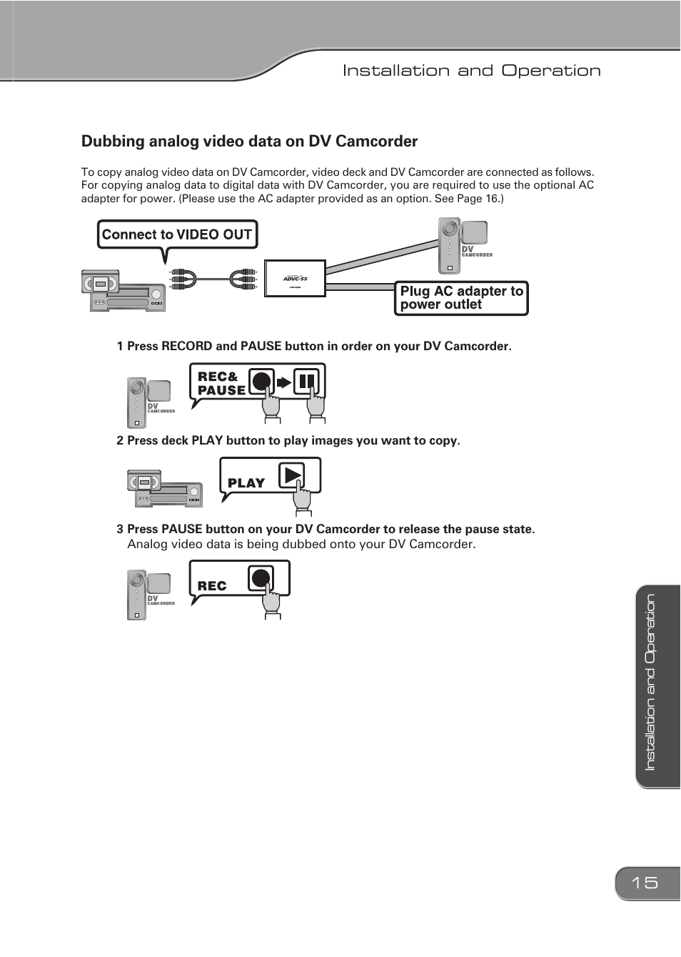 Dubbing analog video data on dv camcorder, Installation and operation | Grass Valley ADVC-55 User Manual | Page 15 / 20