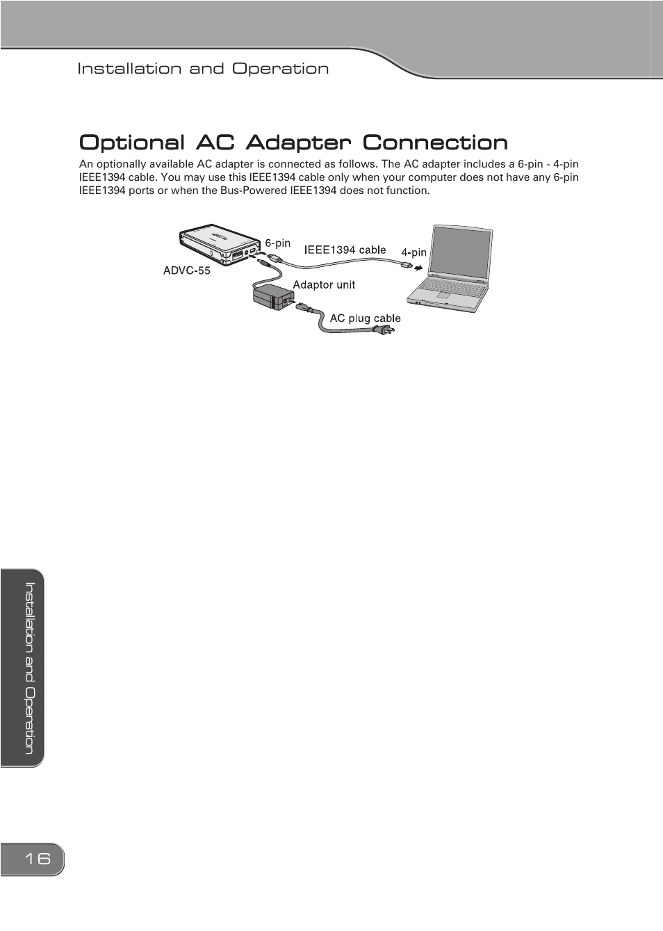 Optional ac adapter connection | Grass Valley ADVC-55 User Manual | Page 16 / 20