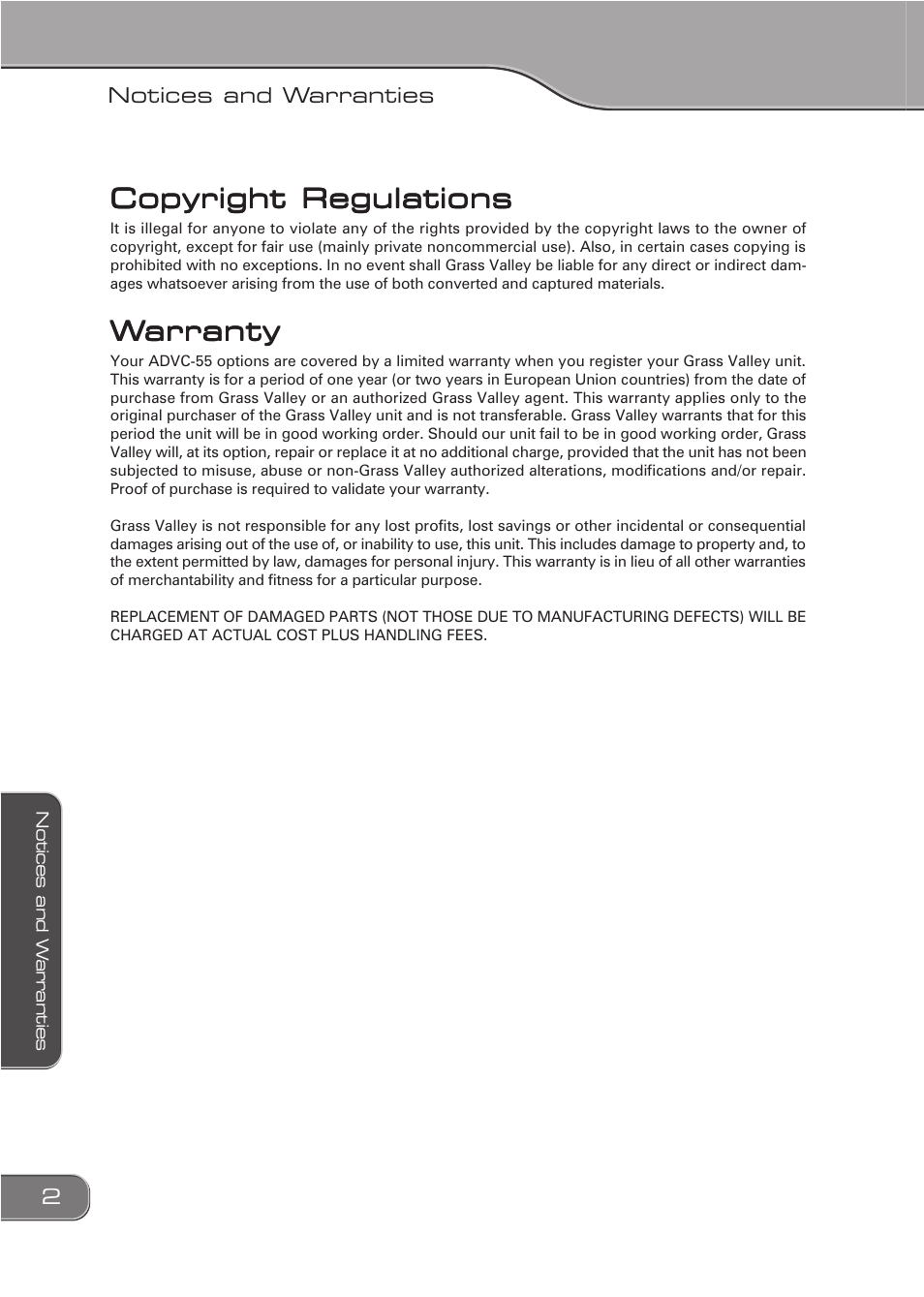 Copyright regulations, Wwarranty arranty arranty arranty arranty | Grass Valley ADVC-55 User Manual | Page 2 / 20