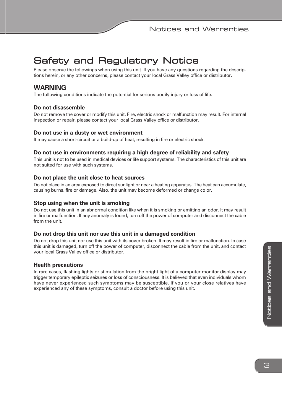 Safety and regulatory notice, Warning | Grass Valley ADVC-55 User Manual | Page 3 / 20