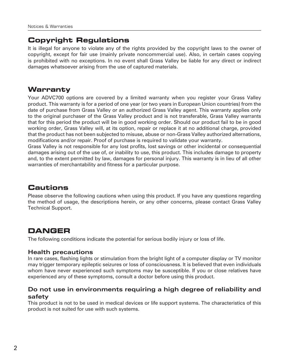 Copyright regulations, Warranty, Cautions | Danger | Grass Valley ADVC-700 User Manual | Page 2 / 52