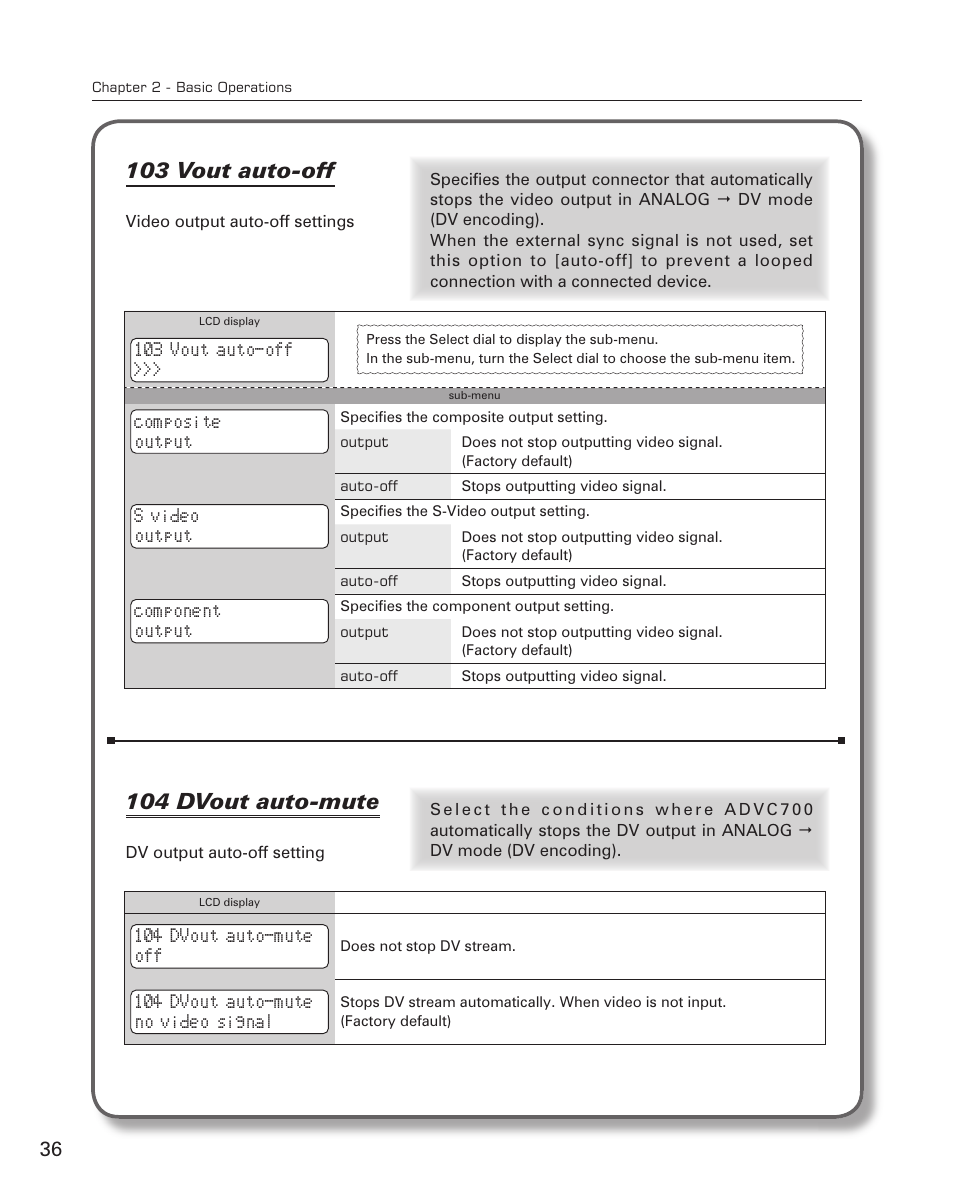 104 dvout auto-mute, 103 vout auto-off | Grass Valley ADVC-700 User Manual | Page 36 / 52