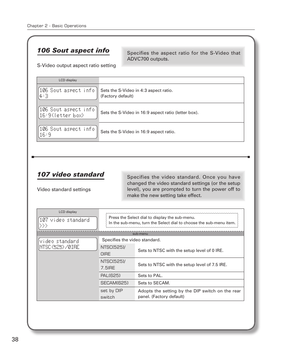 106 sout aspect info, 107 video standard | Grass Valley ADVC-700 User Manual | Page 38 / 52