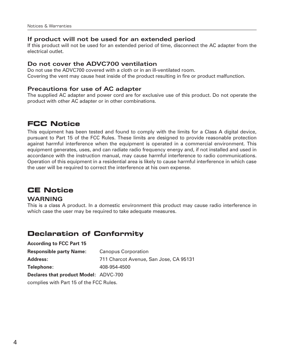 Fcc notice, Ce notice, Declaration of conformity | Grass Valley ADVC-700 User Manual | Page 4 / 52
