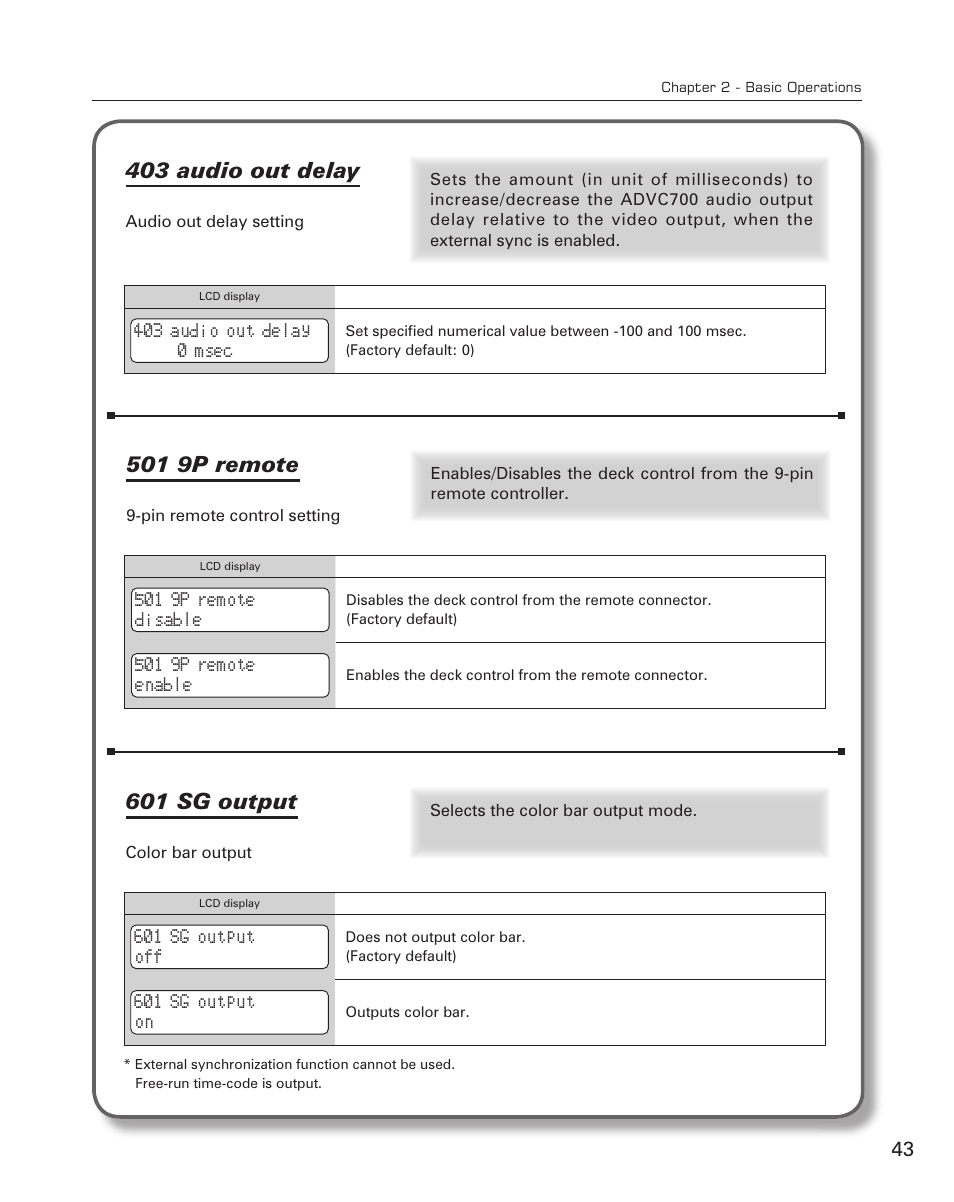 403 audio out delay, 501 9p remote, 601 sg output | Grass Valley ADVC-700 User Manual | Page 43 / 52