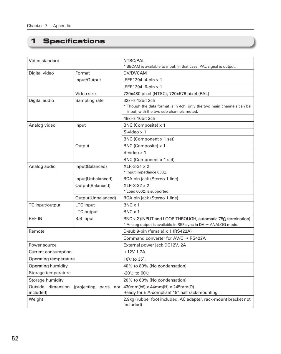 1 specifications | Grass Valley ADVC-700 User Manual | Page 52 / 52