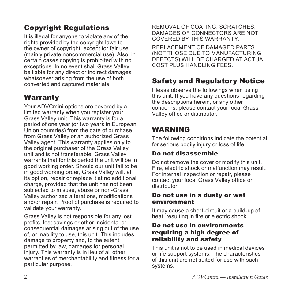 Copyright regulations, Warranty, Safety and regulatory notice | Warning | Grass Valley ADVCmini User Manual | Page 2 / 14