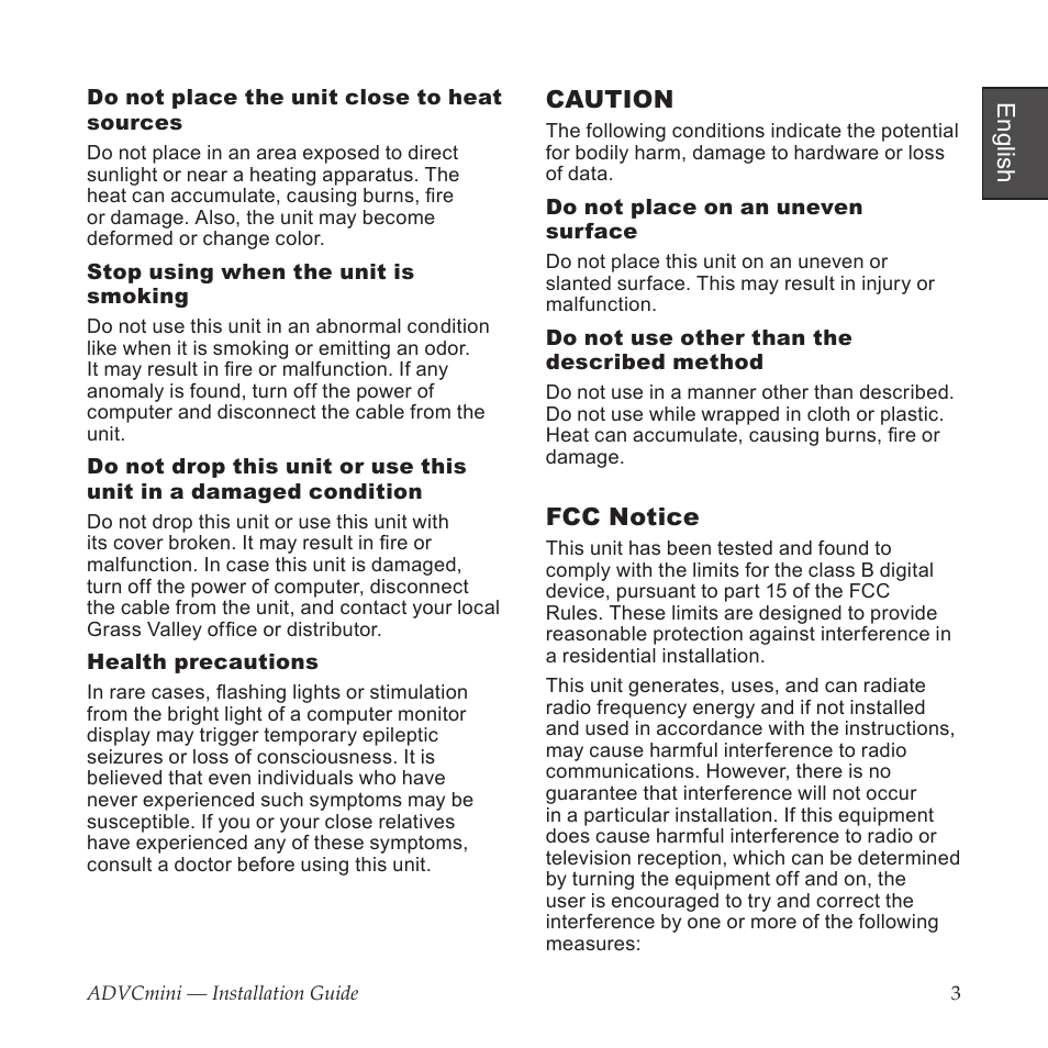 English, Caution, Fcc notice | Grass Valley ADVCmini User Manual | Page 3 / 14