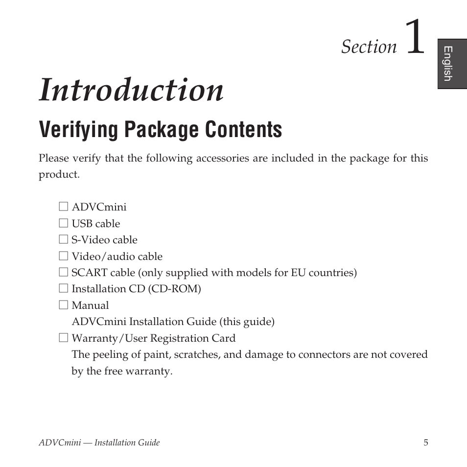 Introduction, Verifying package contents | Grass Valley ADVCmini User Manual | Page 5 / 14