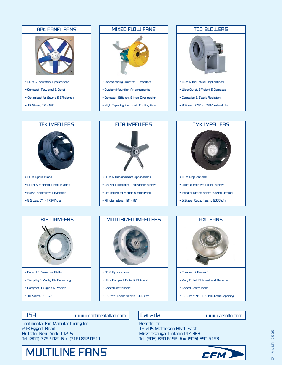 Multiline fans, Canada, Apk panel fans | Tcd blowers, Mixed flow fans, Tek impellers, Tmk impellers, Elta impellers, Iris dampers, Axc fans | CFM C4-MULTI-0505 User Manual | Page 5 / 5