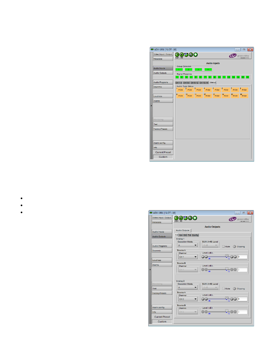 2 the status tab, 5 audio output panel, 1 1-2, 3-4, 5-6, 7-8 tabs | Grass Valley ADX-1901 User Manual | Page 22 / 49
