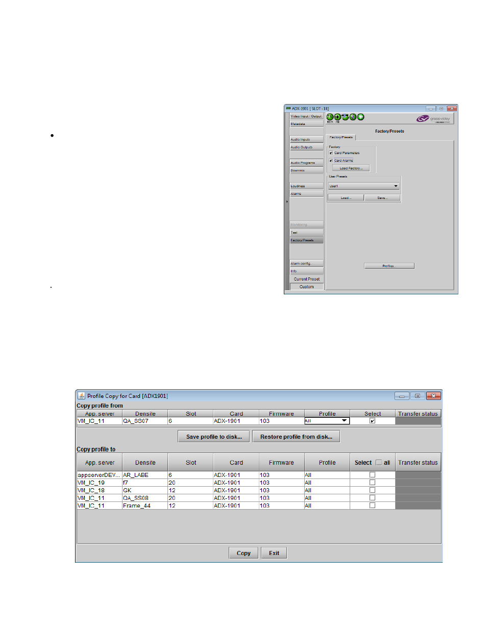 12 factory/presets panel, Factory section, User presets section | Profiles | Grass Valley ADX-1901 User Manual | Page 35 / 49