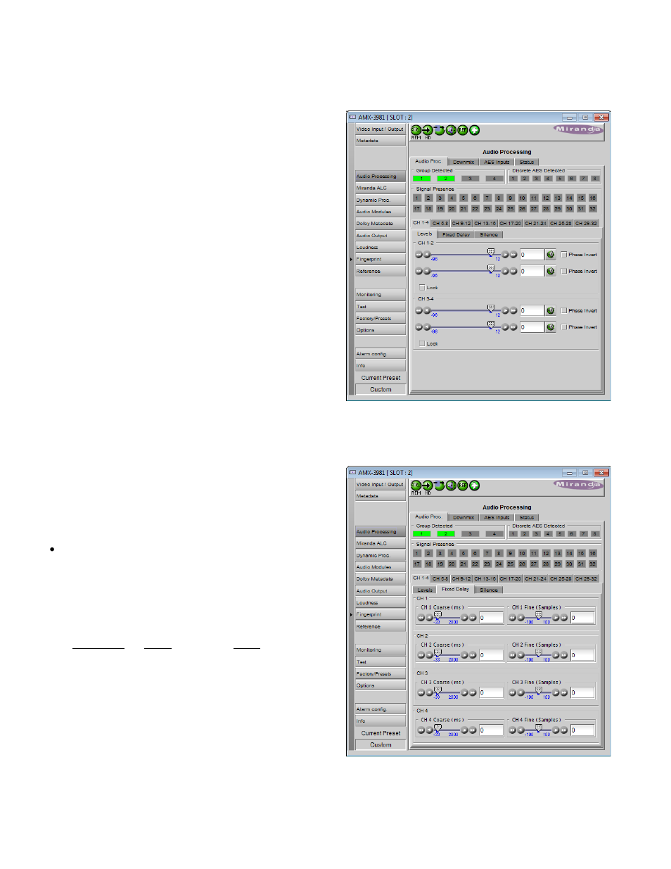 1 audio proc – levels tab, 2 audio proc – fixed delay tab | Grass Valley AMX-3981 2014 User Manual | Page 32 / 118