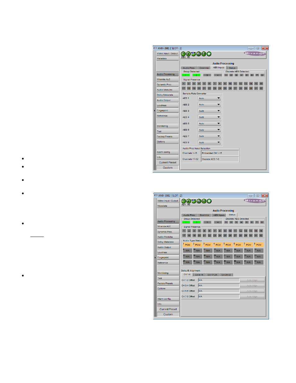 5 aes inputs tab, 6 status tab | Grass Valley AMX-3981 2014 User Manual | Page 36 / 118