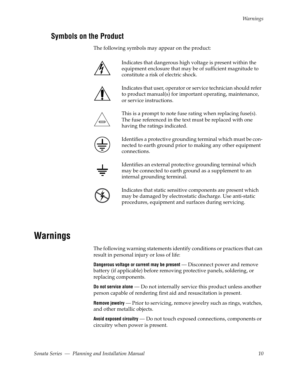 Symbols on the product, Warnings | Grass Valley Sonata Series MADI 2010 User Manual | Page 10 / 68