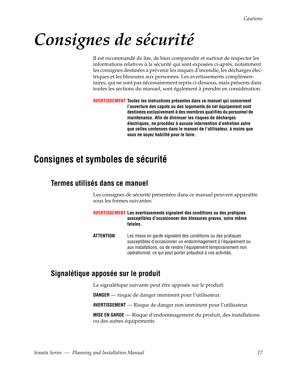 Consignes de sécurité, Consignes et symboles de sécurité, Termes utilisés dans ce manuel | Signalétique apposée sur le produit | Grass Valley Sonata Series MADI 2010 User Manual | Page 17 / 68