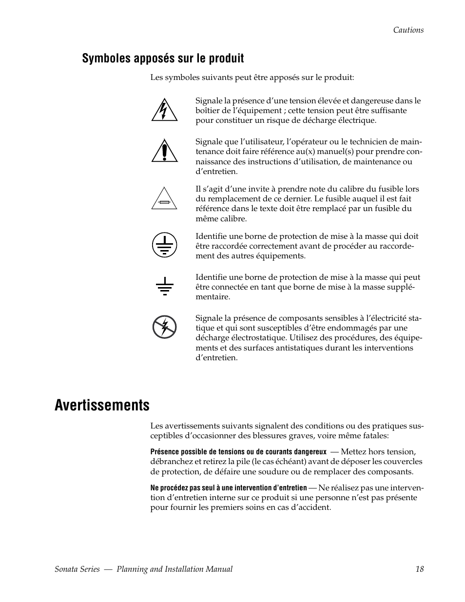 Avertissements, Symboles apposés sur le produit | Grass Valley Sonata Series MADI 2010 User Manual | Page 18 / 68