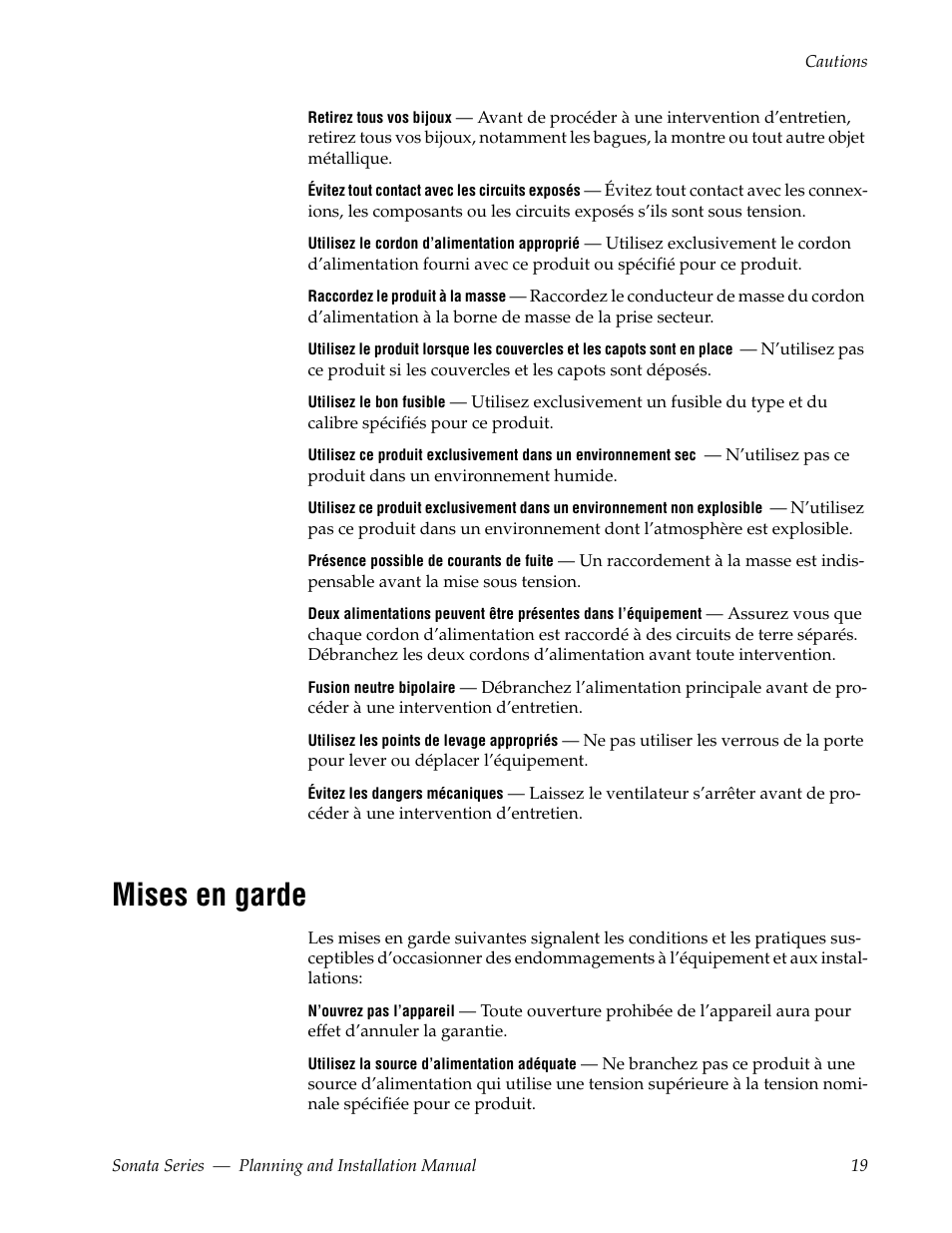 Mises en garde | Grass Valley Sonata Series MADI 2010 User Manual | Page 19 / 68