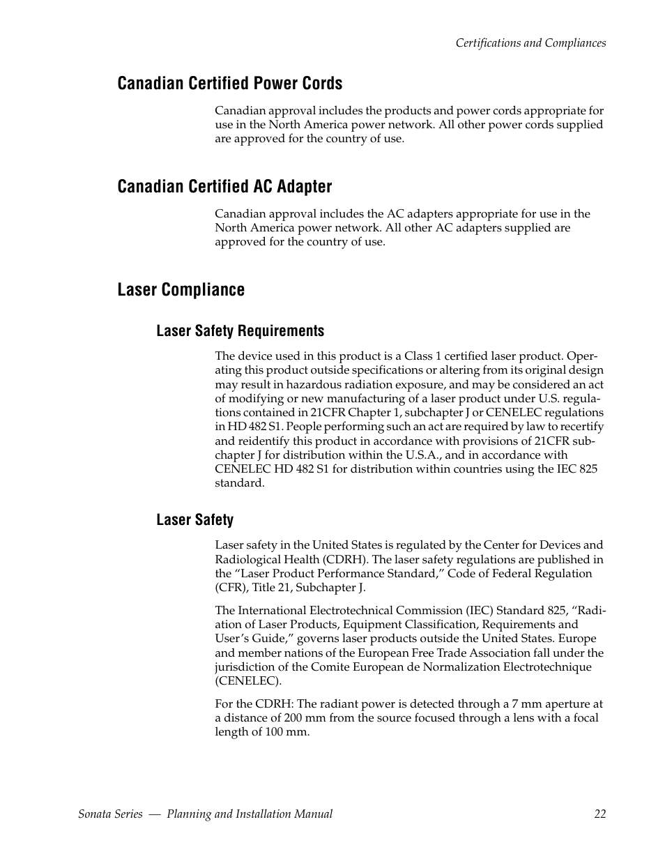 Canadian certified power cords, Canadian certified ac adapter, Laser compliance | Laser safety requirements, Laser safety | Grass Valley Sonata Series MADI 2010 User Manual | Page 22 / 68