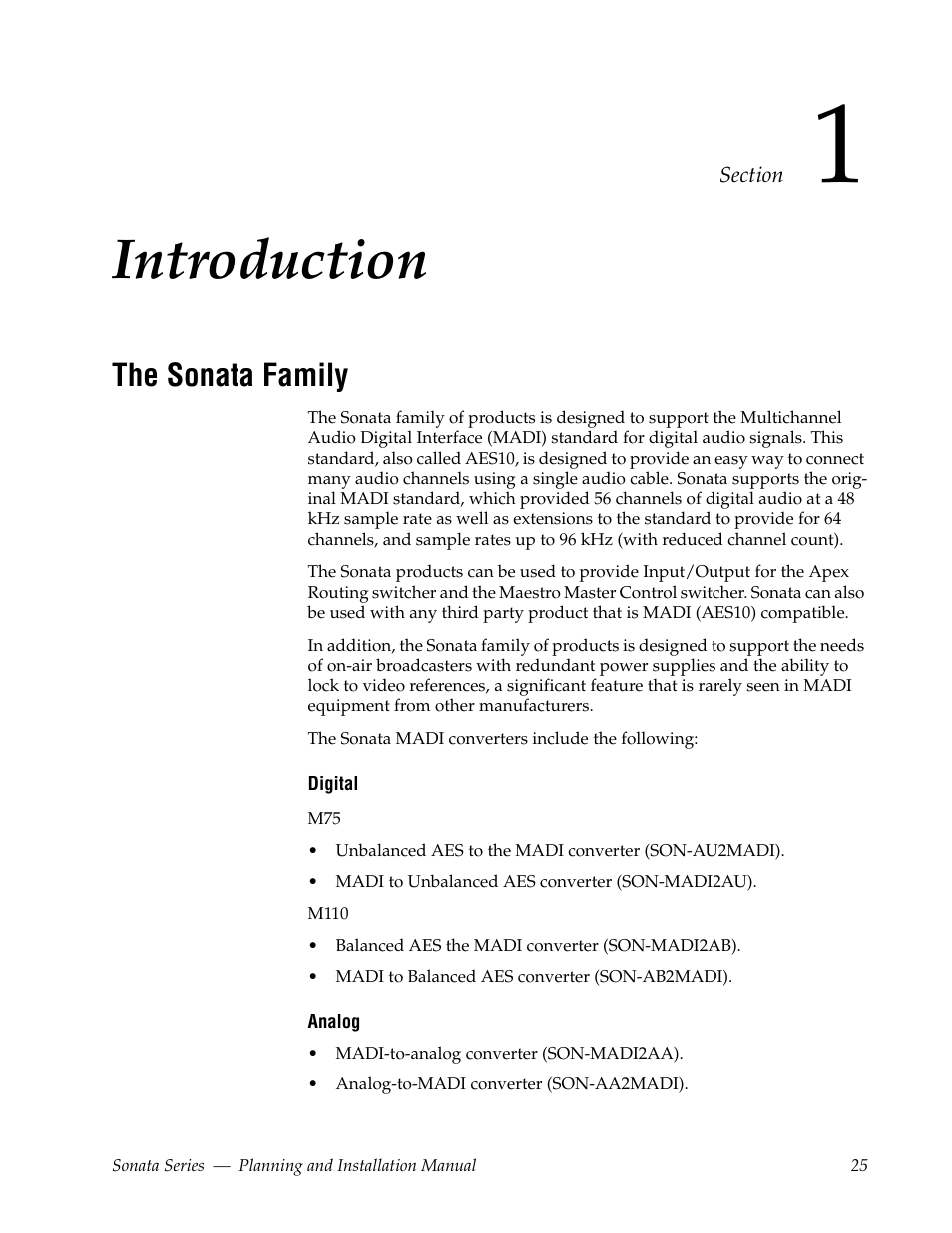 Introduction, The sonata family, Section 1 — introduction | Grass Valley Sonata Series MADI 2010 User Manual | Page 25 / 68