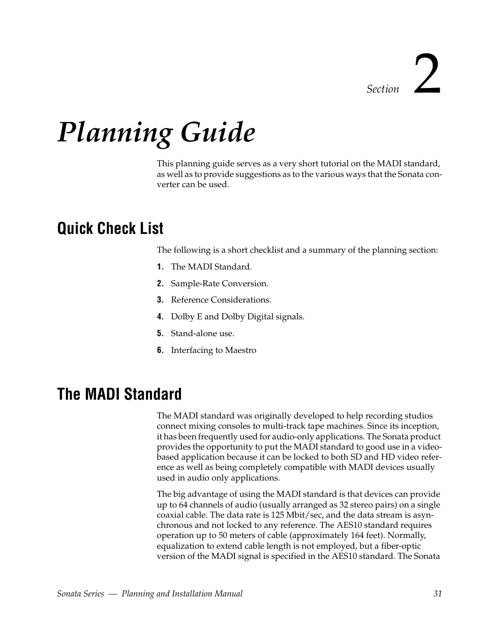 Planning guide, Quick check list, The madi standard | Section 2 — planning guide | Grass Valley Sonata Series MADI 2010 User Manual | Page 31 / 68