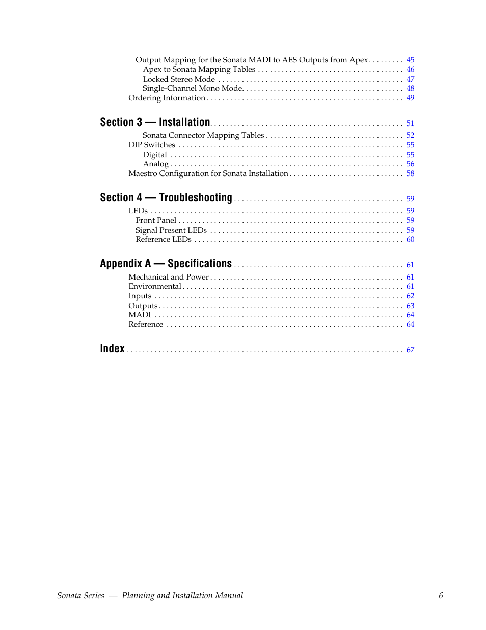 Appendix a — specifications, Index | Grass Valley Sonata Series MADI 2010 User Manual | Page 6 / 68