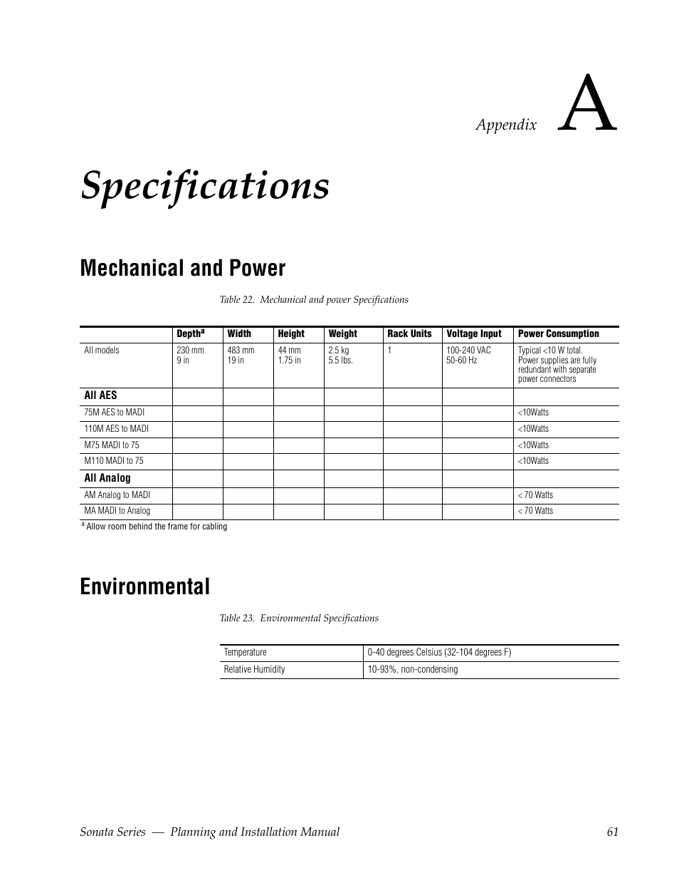 Specifications, Mechanical and power, Environmental | Appendix a — specifications | Grass Valley Sonata Series MADI 2010 User Manual | Page 61 / 68