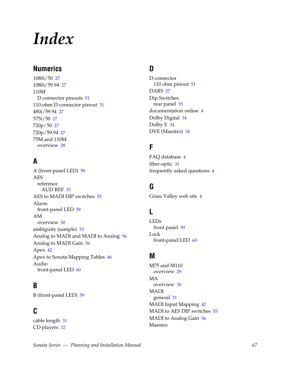 Index, Numerics | Grass Valley Sonata Series MADI 2010 User Manual | Page 67 / 68