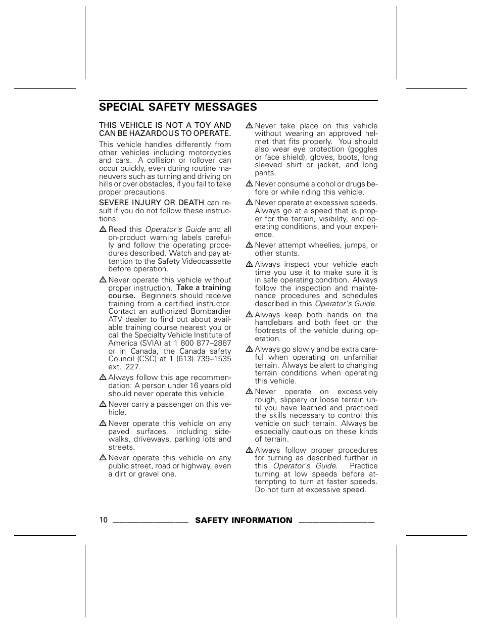 Special safety messages | Can-Am BOMBARDIER DS650 User Manual | Page 12 / 136