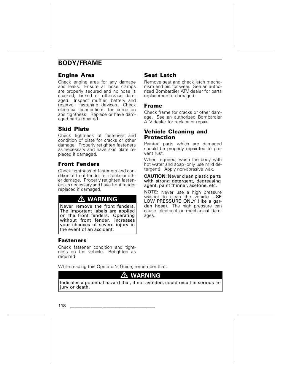 Body/frame | Can-Am BOMBARDIER DS650 User Manual | Page 120 / 136