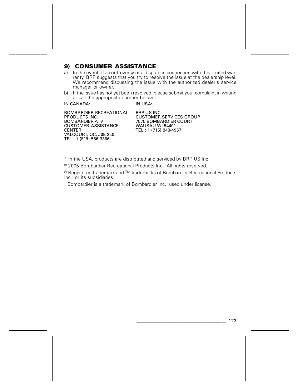 9) consumer assistance | Can-Am BOMBARDIER DS650 User Manual | Page 125 / 136