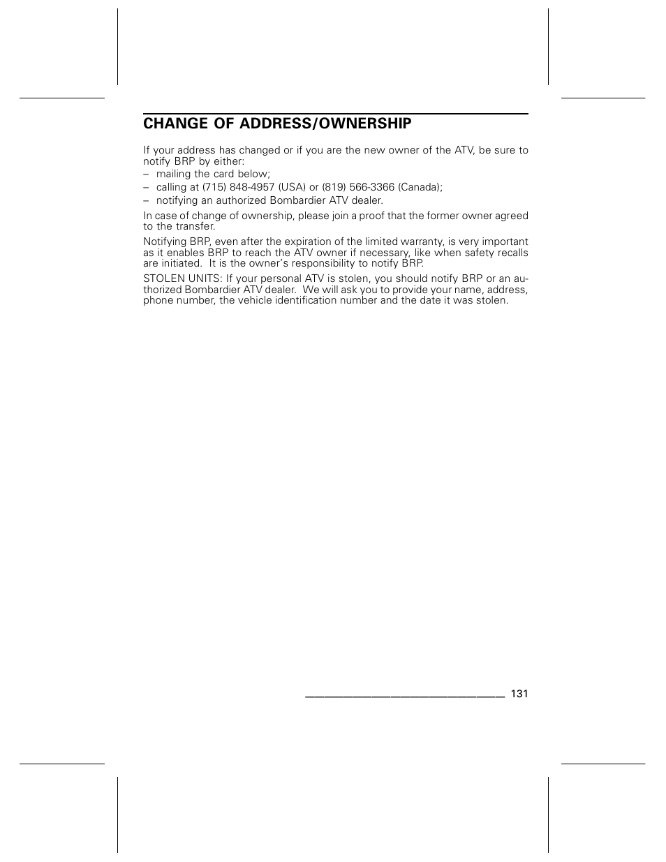 Change of address/ownership | Can-Am BOMBARDIER DS650 User Manual | Page 133 / 136