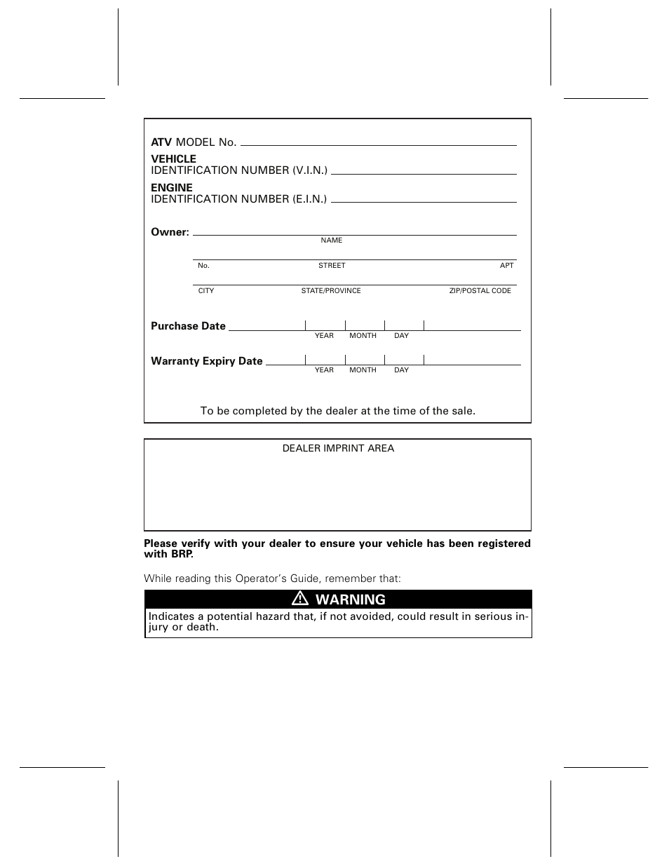 Warning | Can-Am BOMBARDIER DS650 User Manual | Page 135 / 136