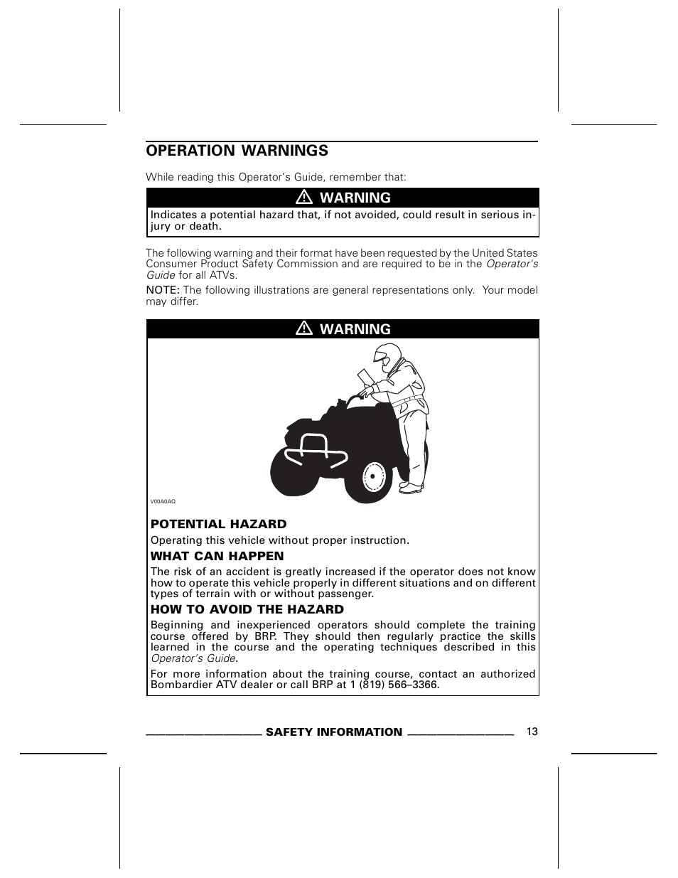 Operation warnings | Can-Am BOMBARDIER DS650 User Manual | Page 15 / 136