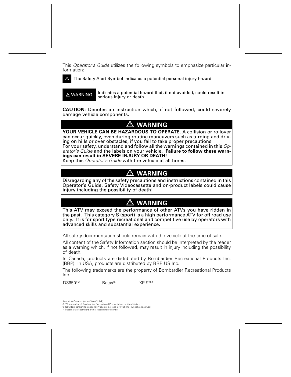 Warning | Can-Am BOMBARDIER DS650 User Manual | Page 2 / 136
