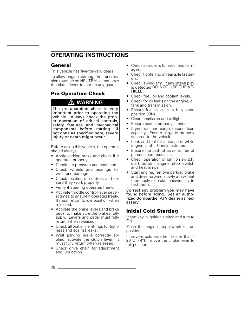 Operating instructions | Can-Am BOMBARDIER DS650 User Manual | Page 80 / 136