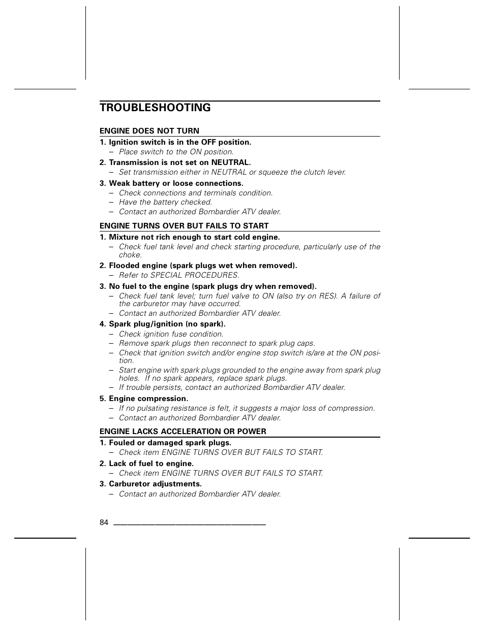 Troubleshooting | Can-Am BOMBARDIER DS650 User Manual | Page 86 / 136