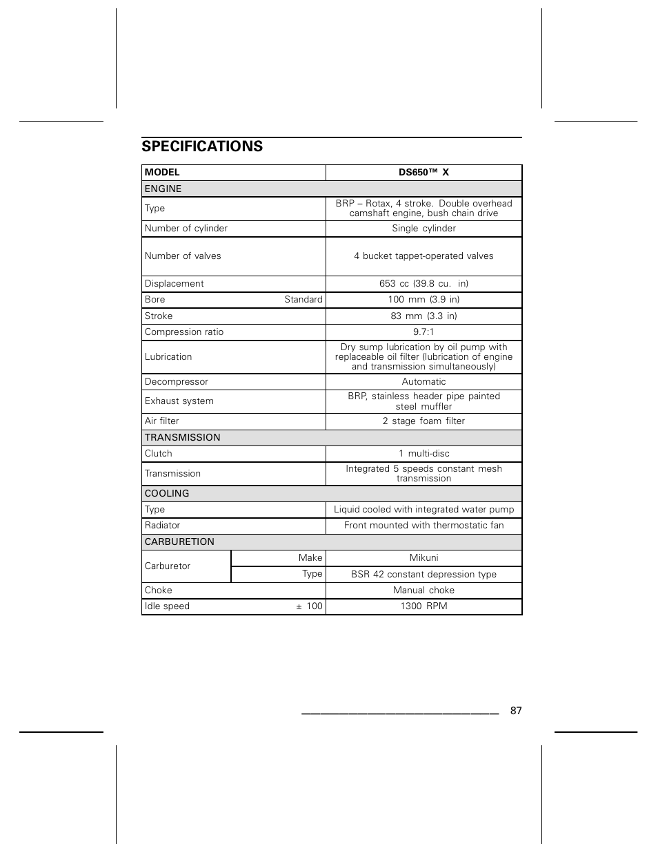 Specifications | Can-Am BOMBARDIER DS650 User Manual | Page 89 / 136