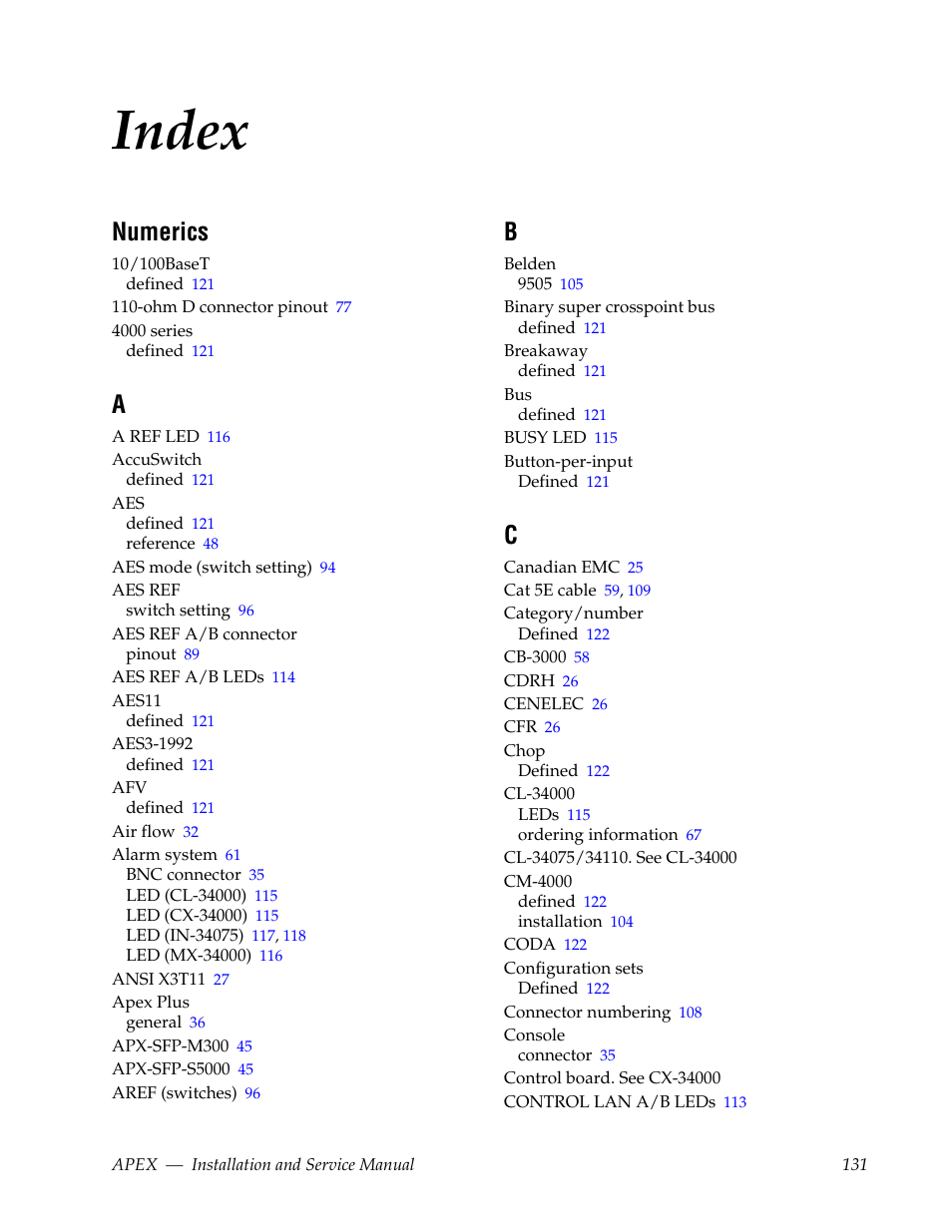 Index, Numerics | Grass Valley Apex v.2.0 User Manual | Page 129 / 134