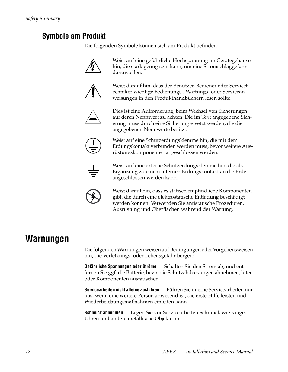 Warnungen, Symbole am produkt | Grass Valley Apex v.2.0 User Manual | Page 16 / 134
